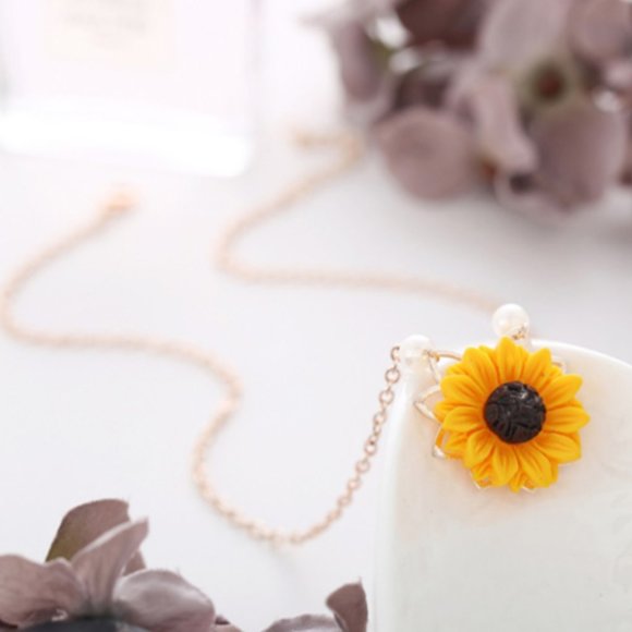 Sunflower Necklace with Gold Plated Chain and Pearl Accents - Picture 6 of 6